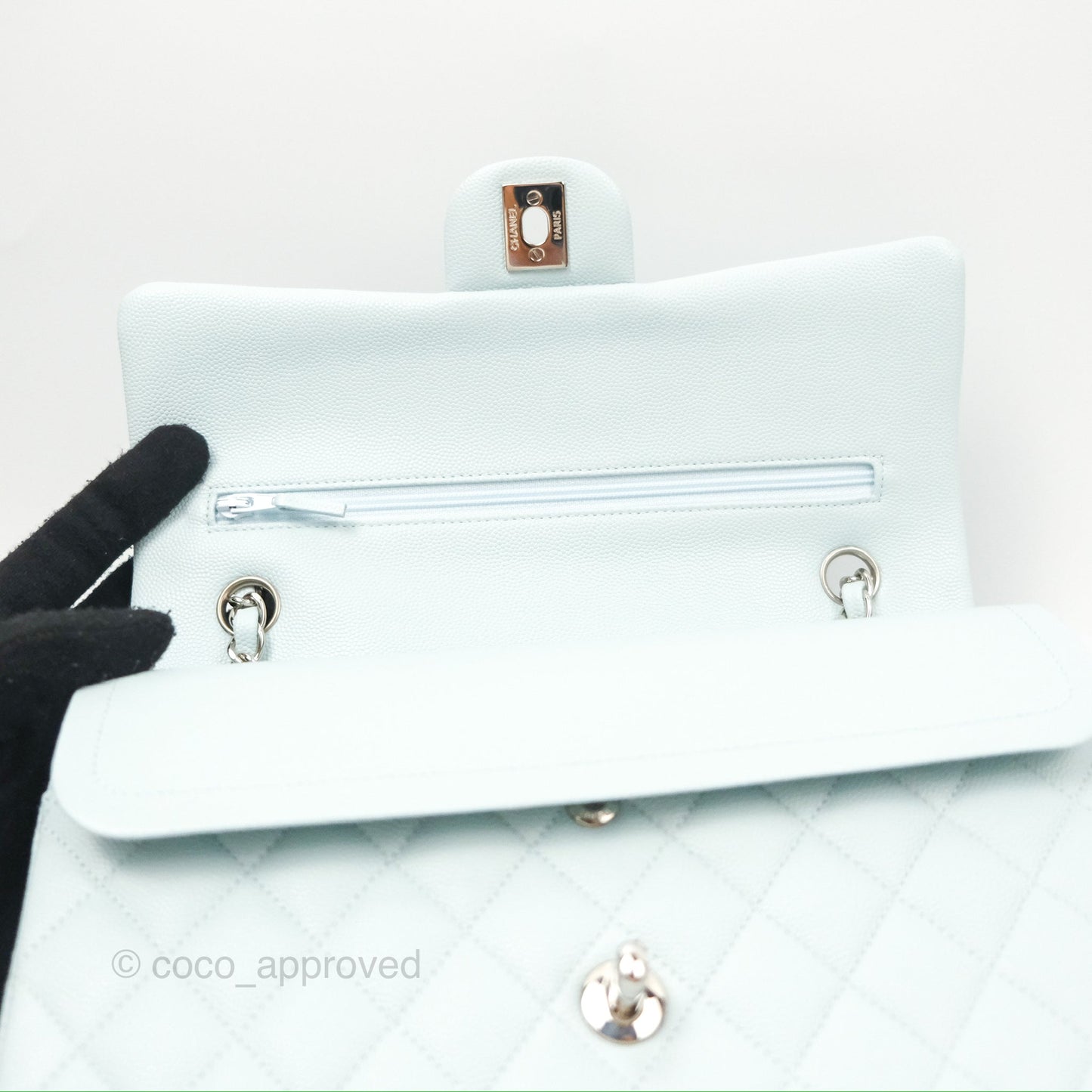Chanel Medium Classic Flap Quilted Pale Blue Caviar Silver Hardware