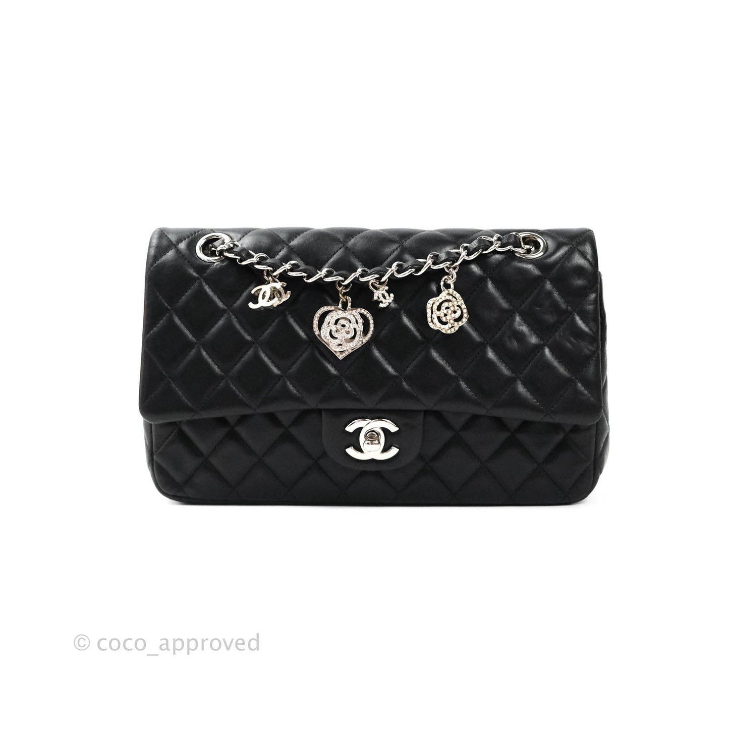 Chanel Classic M/L Medium Flap Bag Valentine Limited Edition Black Lambskin Silver Hardware