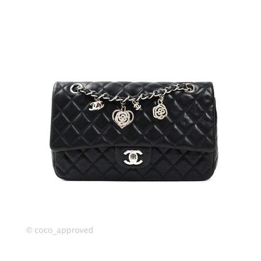 Chanel Classic M/L Medium Flap Bag Valentine Limited Edition Black Lambskin Silver Hardware