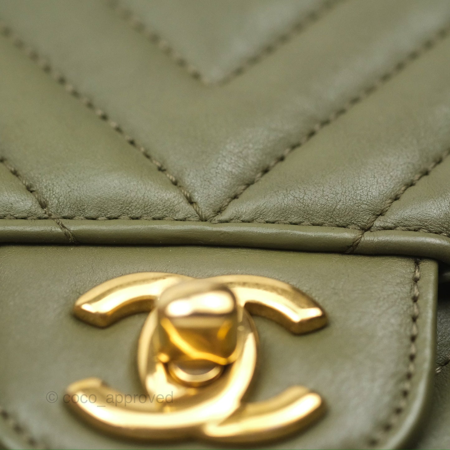 Chanel Mini Square Flap Chevron Olive Green Calfskin Gold Hardware