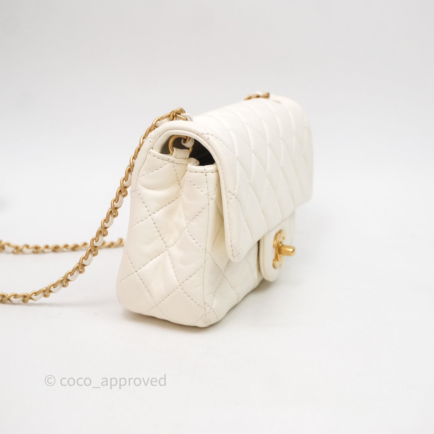 Chanel Mini Rectangular Pearl Crush White Lambskin Aged Gold Hardware
