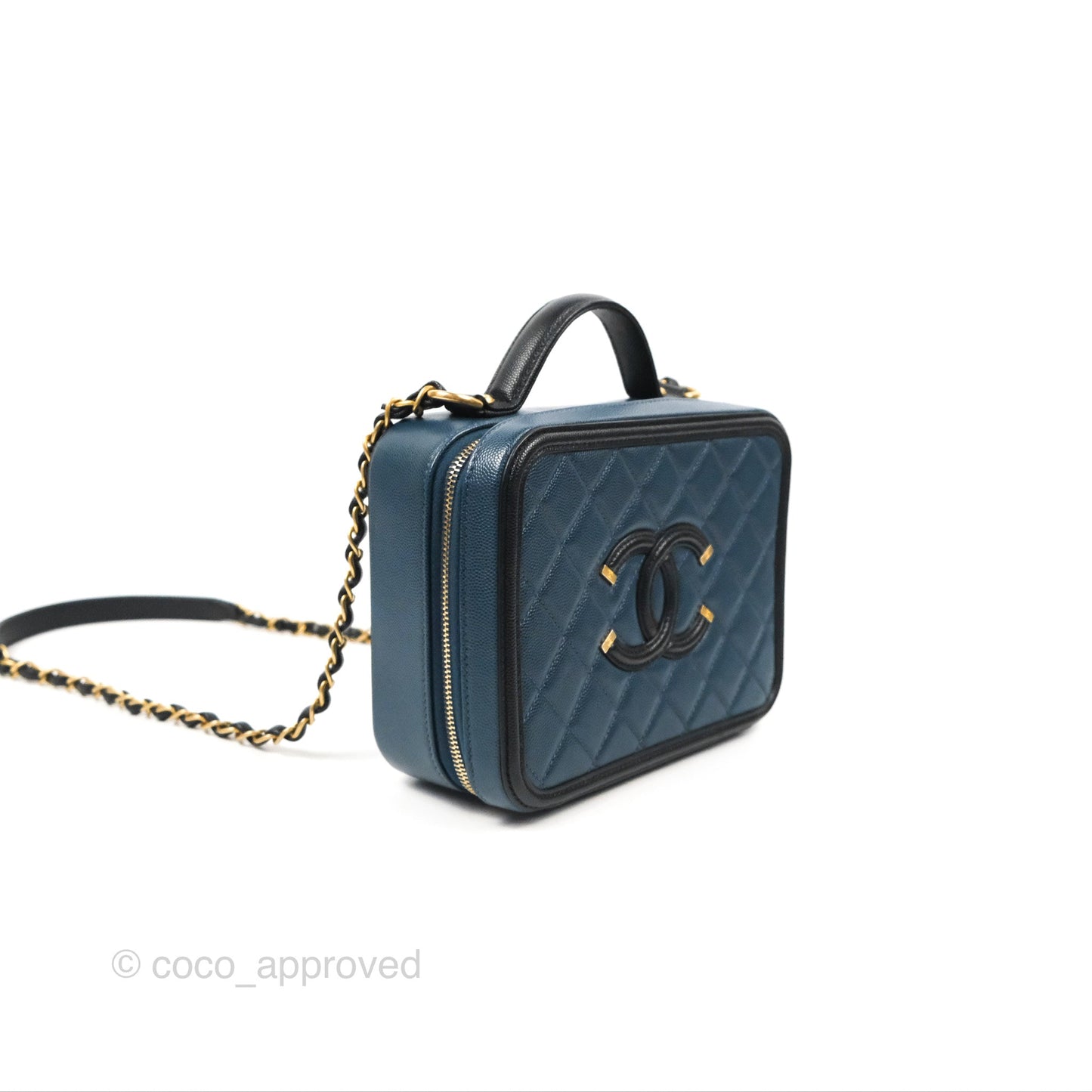 Chanel Quilted Medium CC Filigree Vanity Case Navy Black Caviar Aged Gold Hardware