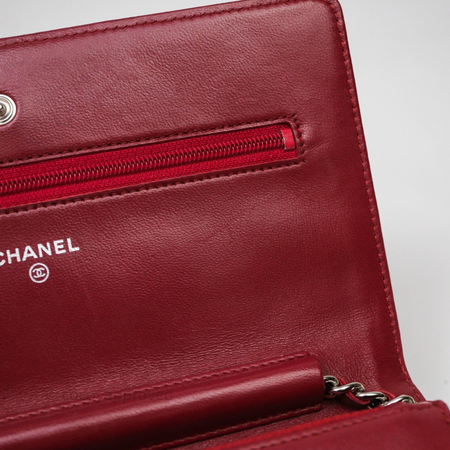 Chanel Quilted Wallet on Chain WOC Red Lambskin Silver Hardware