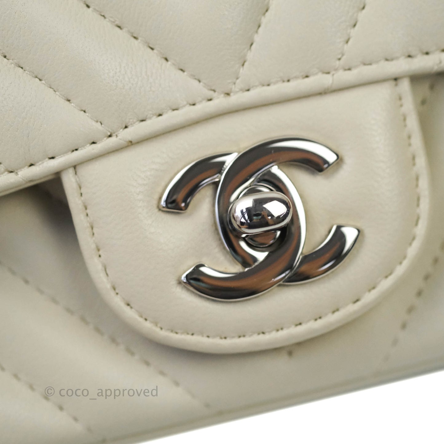 Chanel Mini Square Chevron Ivory Cream Lambskin Silver Hardware
