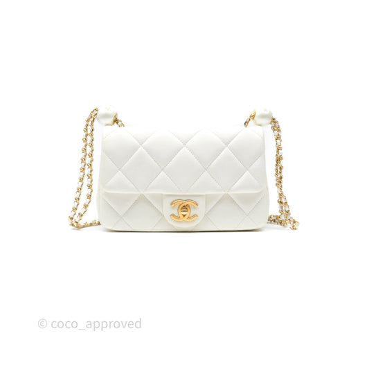 Chanel Quilted Double Pearl Adjustable Chain Flap Bag White Lambskin Aged Gold Hardware 24S
