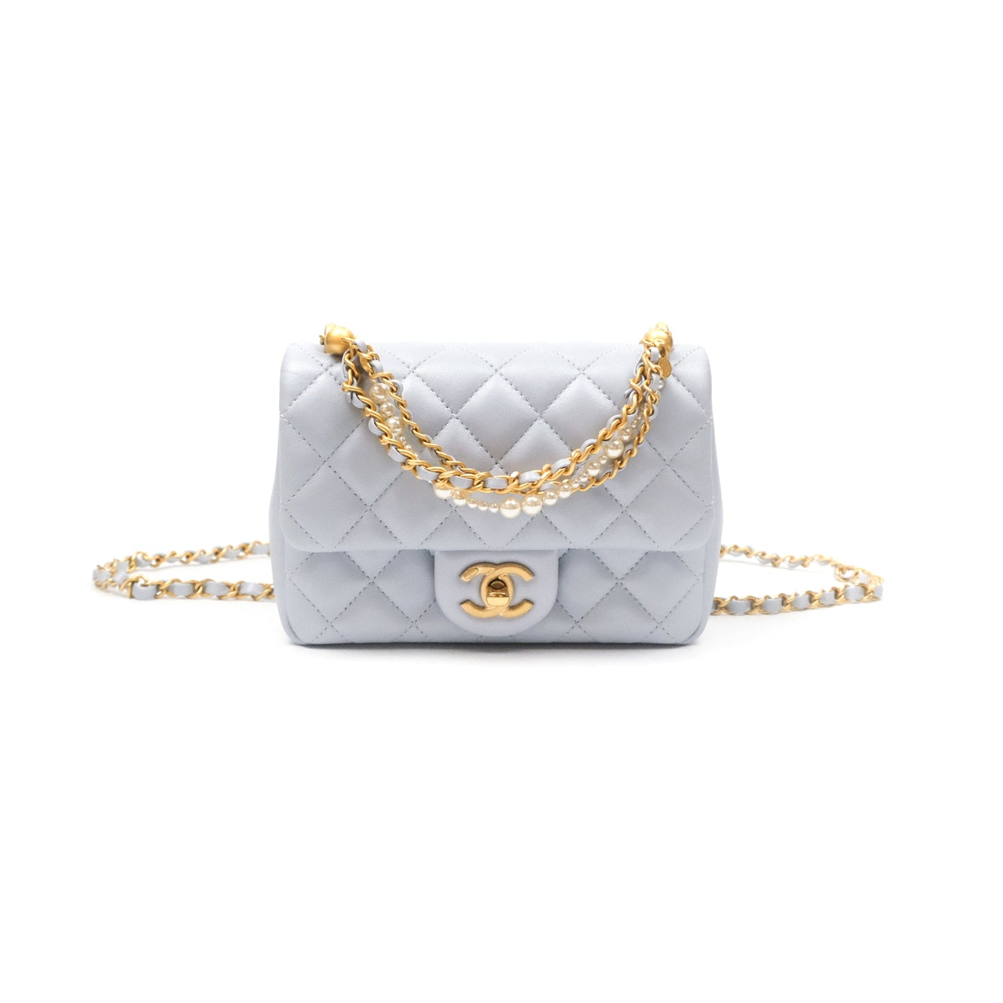 Chanel Pearl Chain Mini Flap Bag Pearly Light Blue Lambskin Aged Gold Hardware 24P