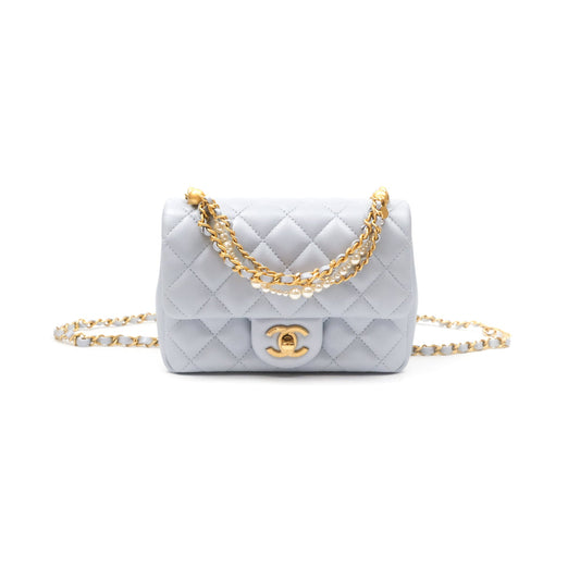 Chanel Pearl Chain Mini Flap Bag Pearly Light Blue Lambskin Aged Gold Hardware 24P