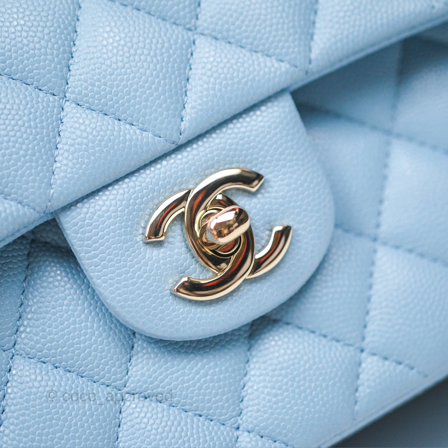 Chanel Small Classic Quilted Flap Light Blue Caviar Gold Hardware