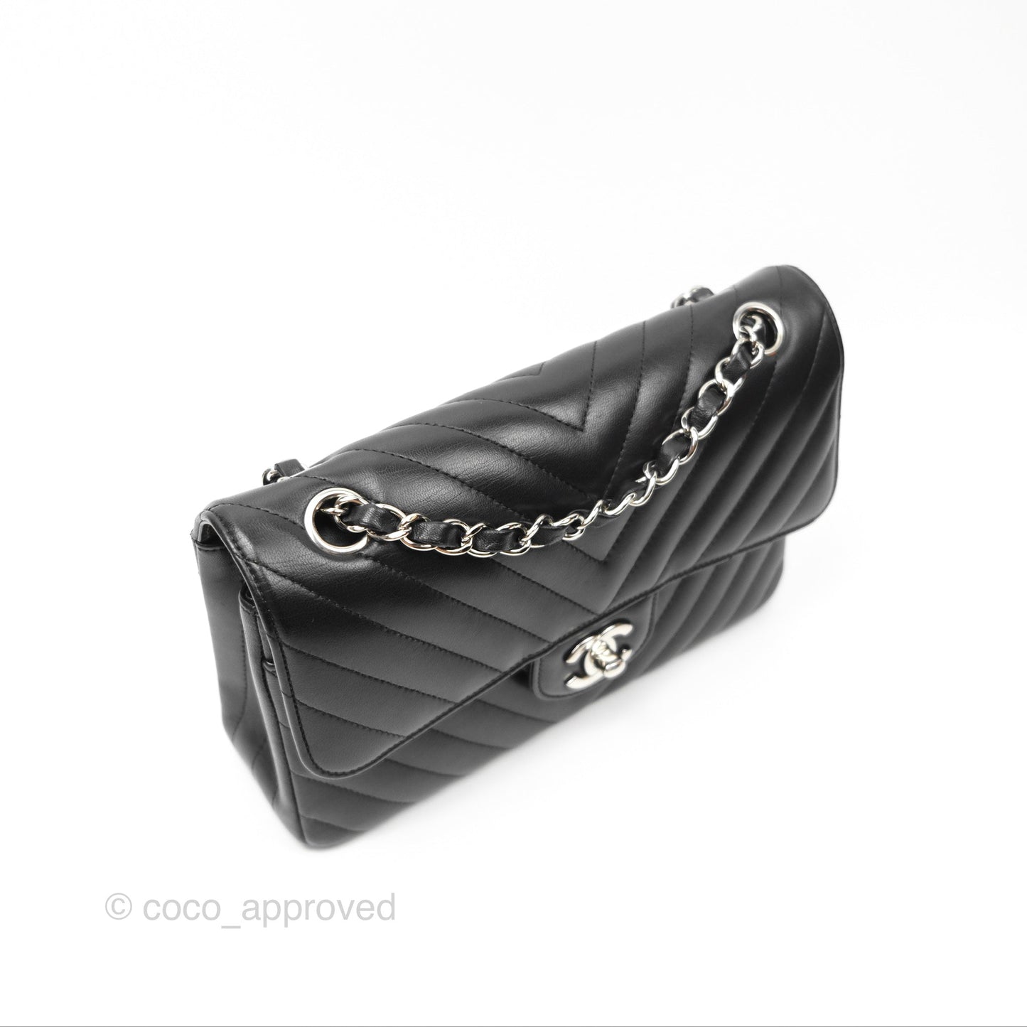 Chanel Small Classic Chevron Flap Black Lambskin Silver Hardware