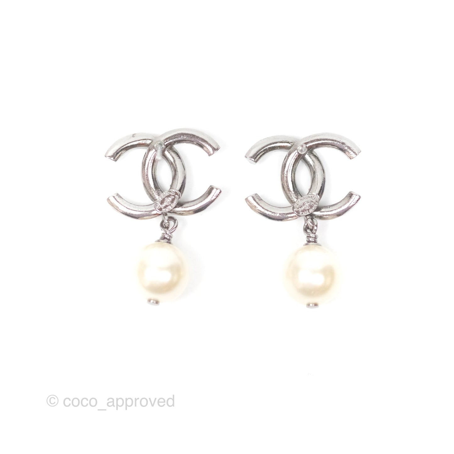 Chanel CC Pearl Drop Earrings Gun Metal 11A
