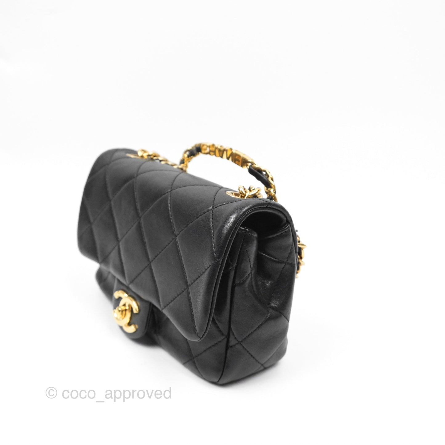 Chanel Mini Top Handle Flap Black Lambskin Aged Gold Hardware