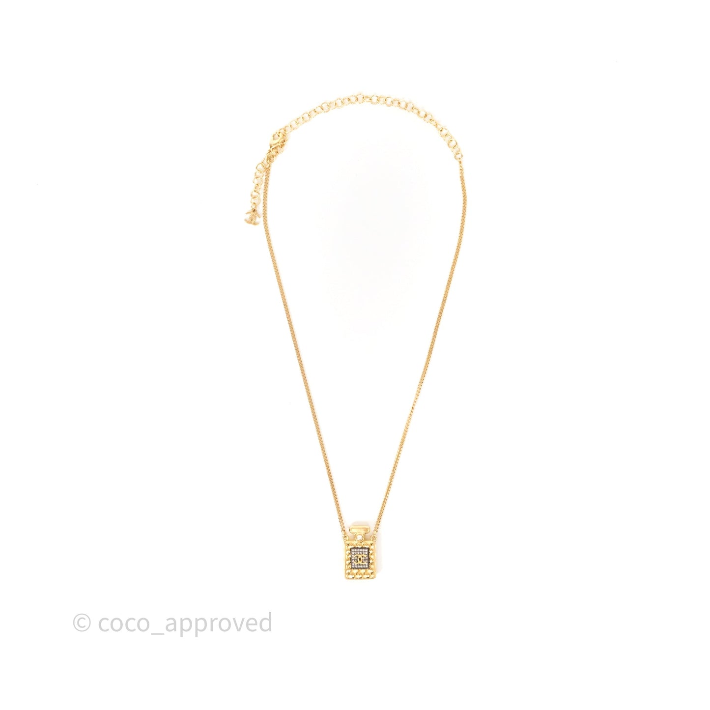 Chanel CC Perfume Bottle Rhinestone Necklace Gold Tone 21V