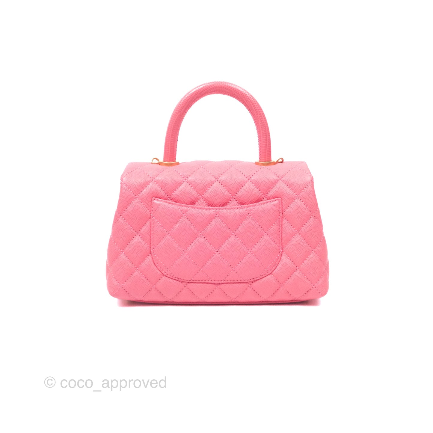Chanel Small Coco Handle Quilted Pink Caviar Aged Gold Hardware Lizard Handle