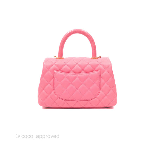 Chanel Small Coco Handle Quilted Pink Caviar Aged Gold Hardware Lizard Handle