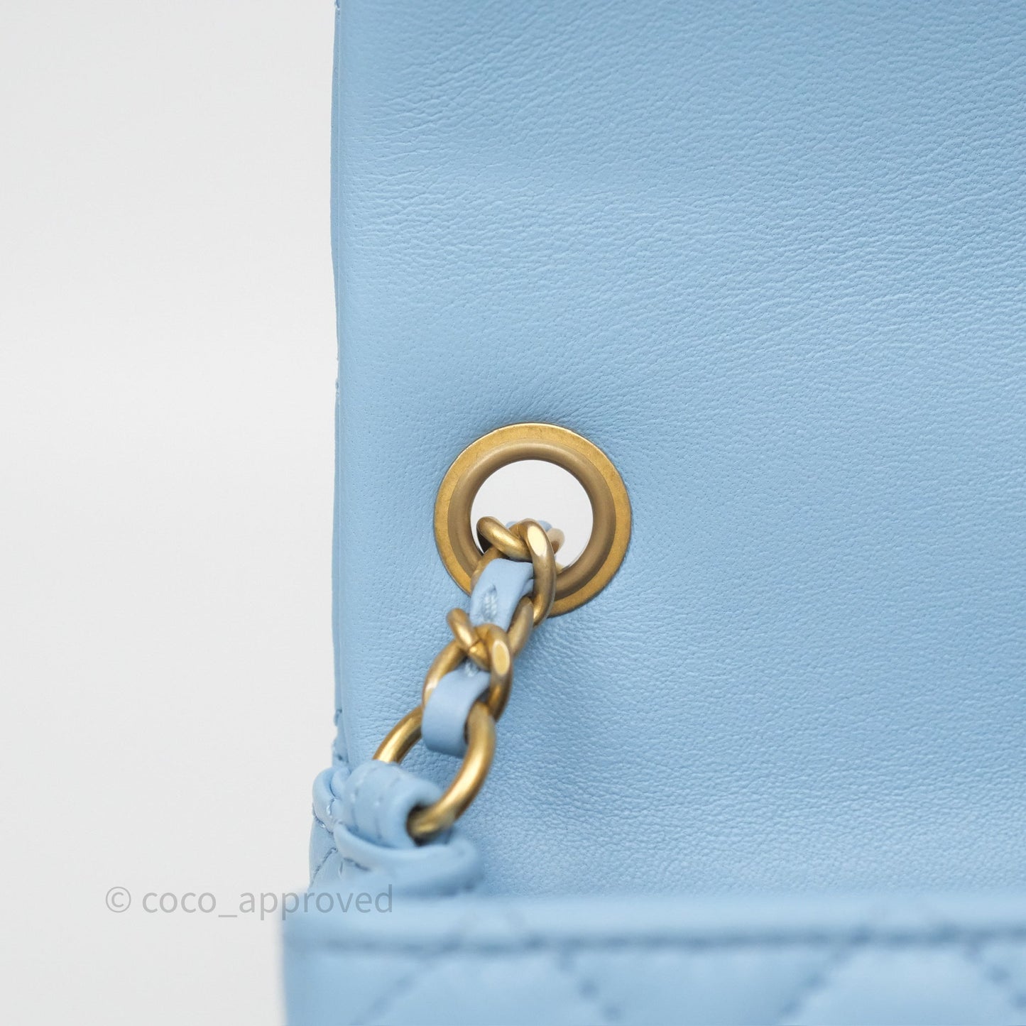 Chanel Mini Rectangular Pearl Crush Quilted Sky Blue Lambskin Aged Gold Hardware