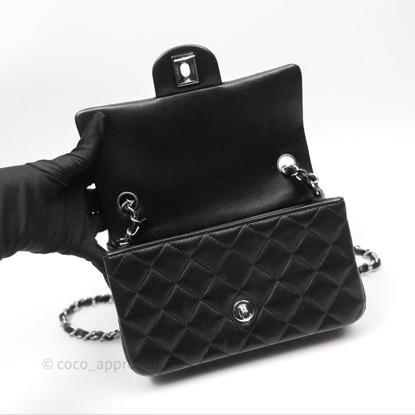 Chanel Quilted Mini Rectangular Flap Black Lambskin Silver Hardware