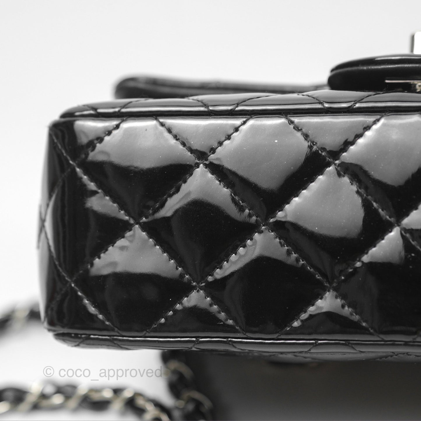Chanel Quilted Mini Rectangular Flap Black Patent Silver Hardware