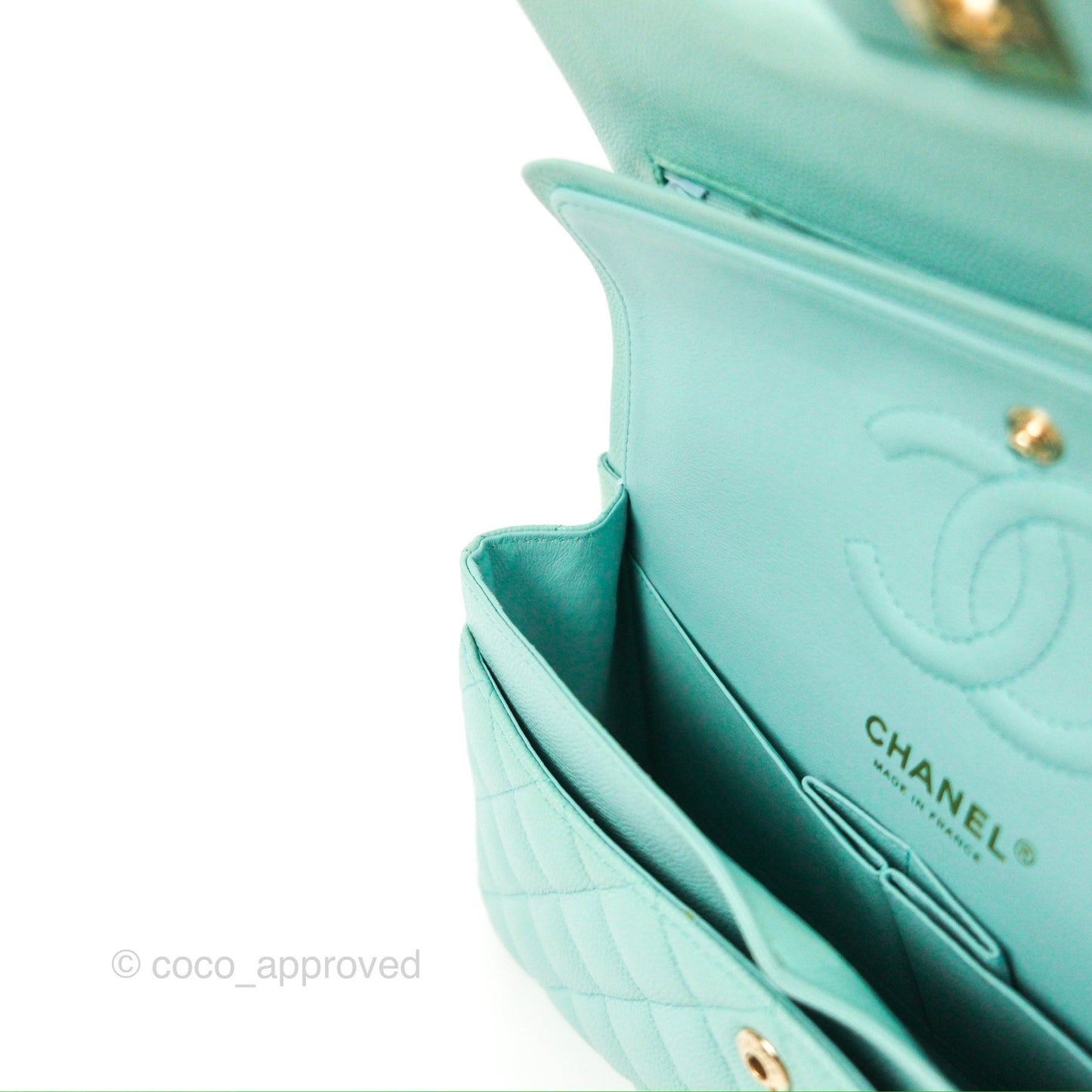 Chanel Small Classic Quilted Flap Tiffany Blue Caviar Gold Hardware 20C