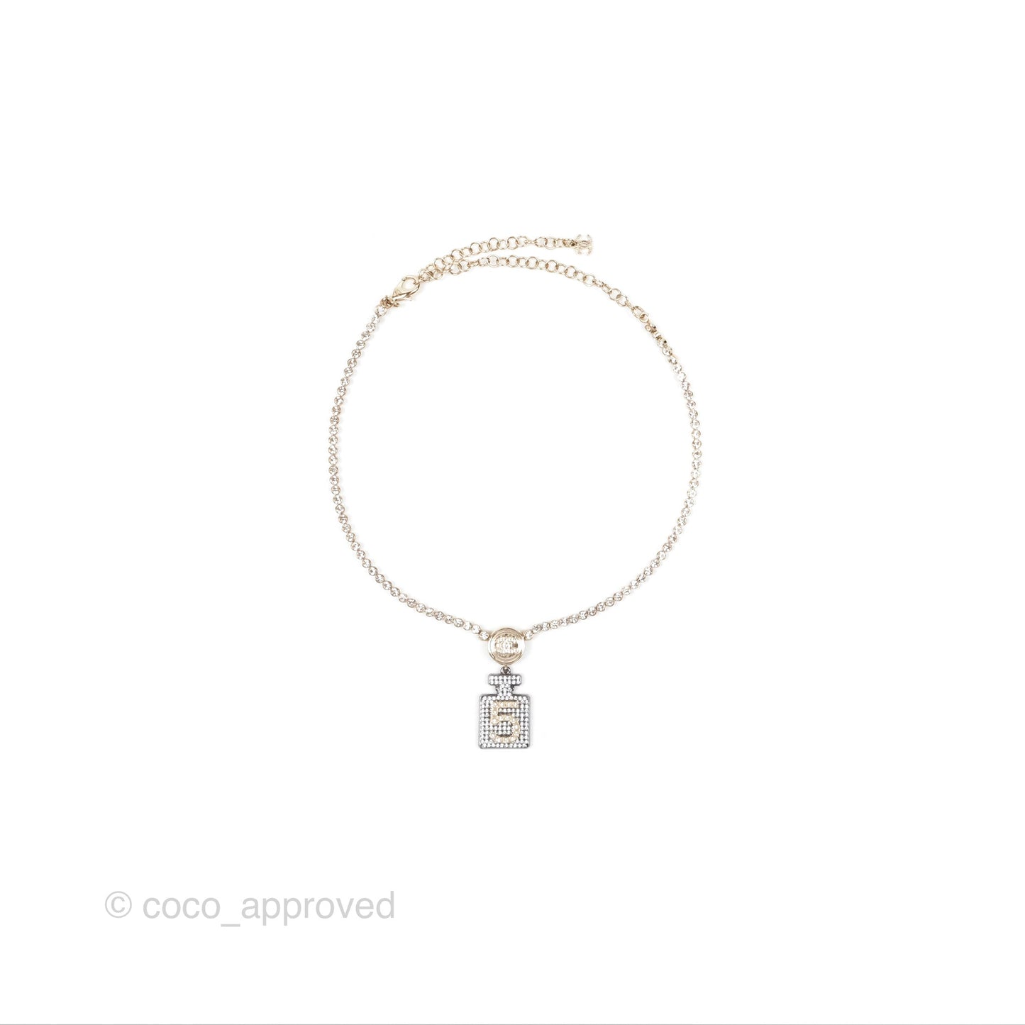Chanel No5 Perfume Bottle Crystal Chain Choker Necklace Gold Tone 21S