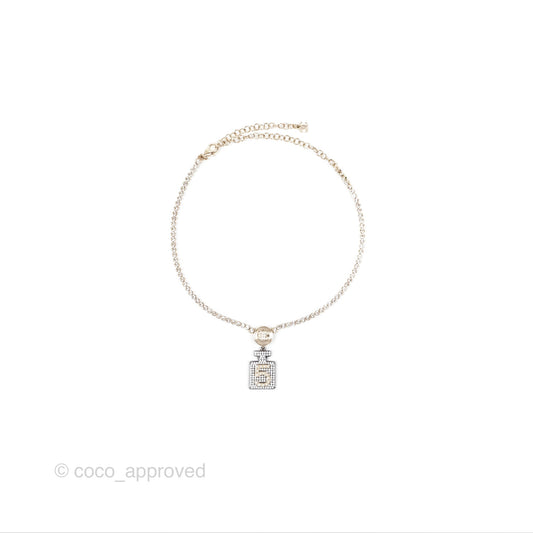 Chanel No5 Perfume Bottle Crystal Chain Choker Necklace Gold Tone 21S