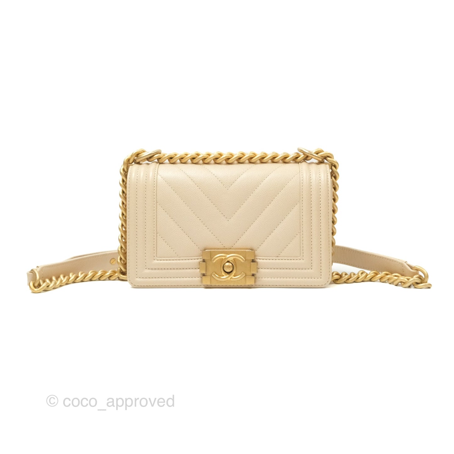 Chanel Chevron Small Boy Cream Ivory Caviar Aged Gold Hardware