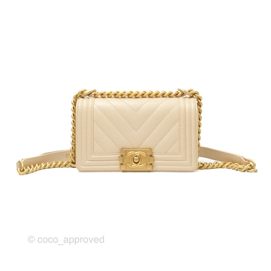 Chanel Chevron Small Boy Cream Ivory Caviar Aged Gold Hardware