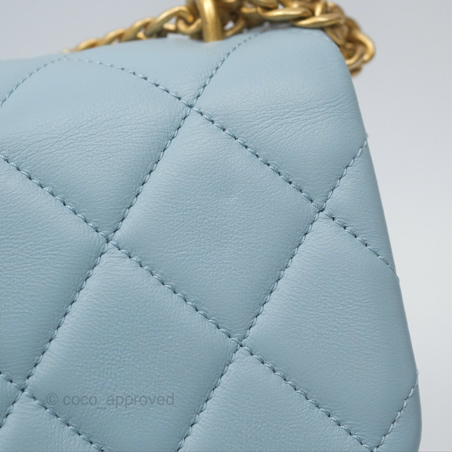 Chanel Quilted Enamel Pending CC Small Square Flap Baby Blue Lambskin 22P