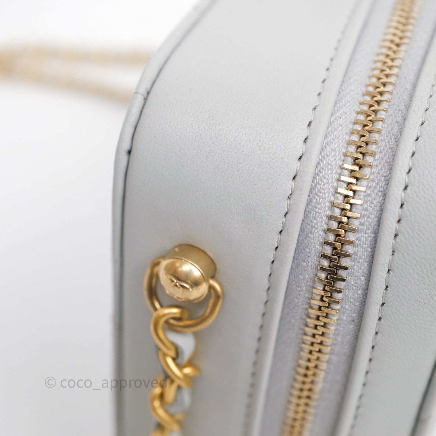 Chanel Quilted CC Pearl Crush Camera Case Light Blue Grey Lambskin Aged Gold Hardware