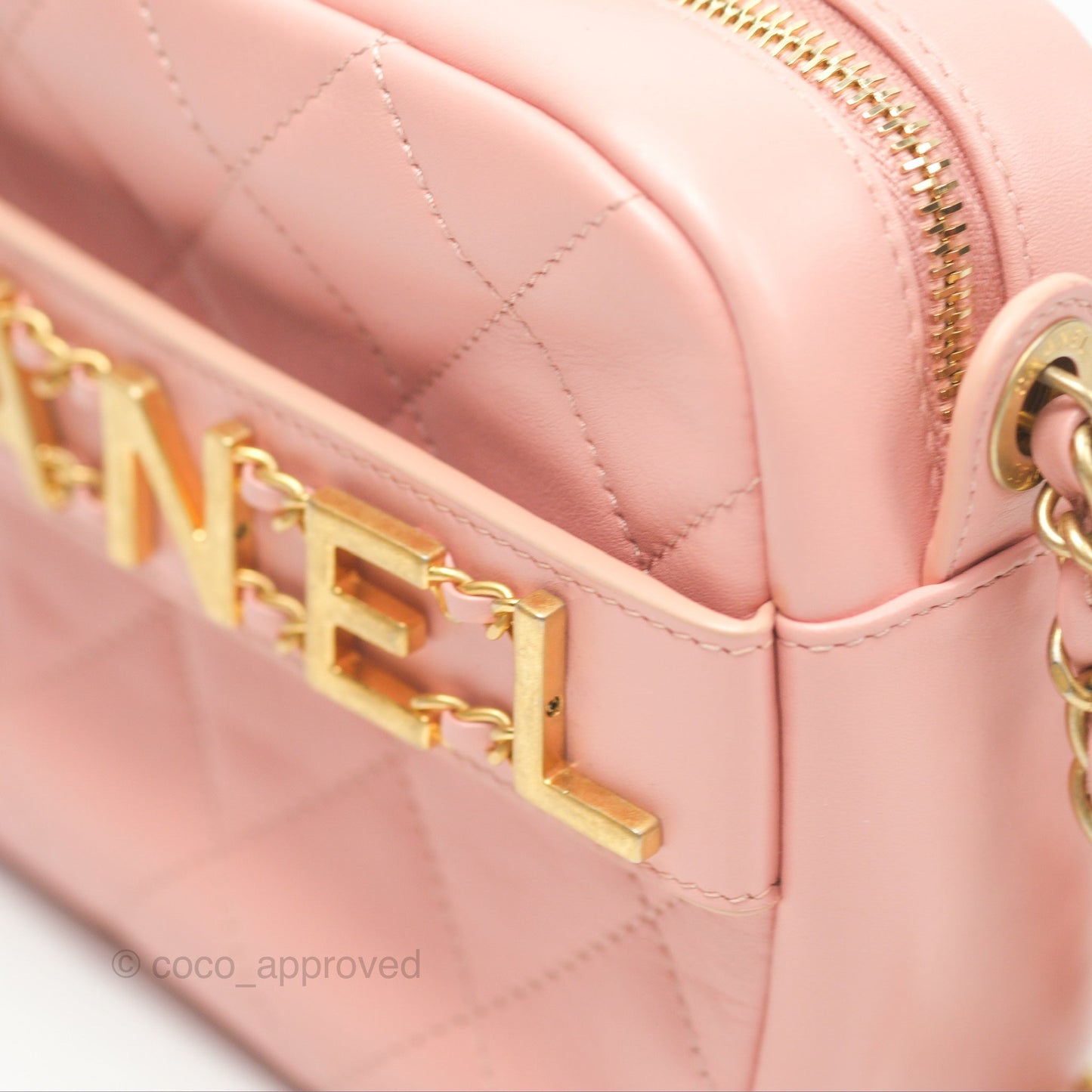 Chanel Logo Enchained Camera Bag Pink Calfskin Aged Gold Hardware