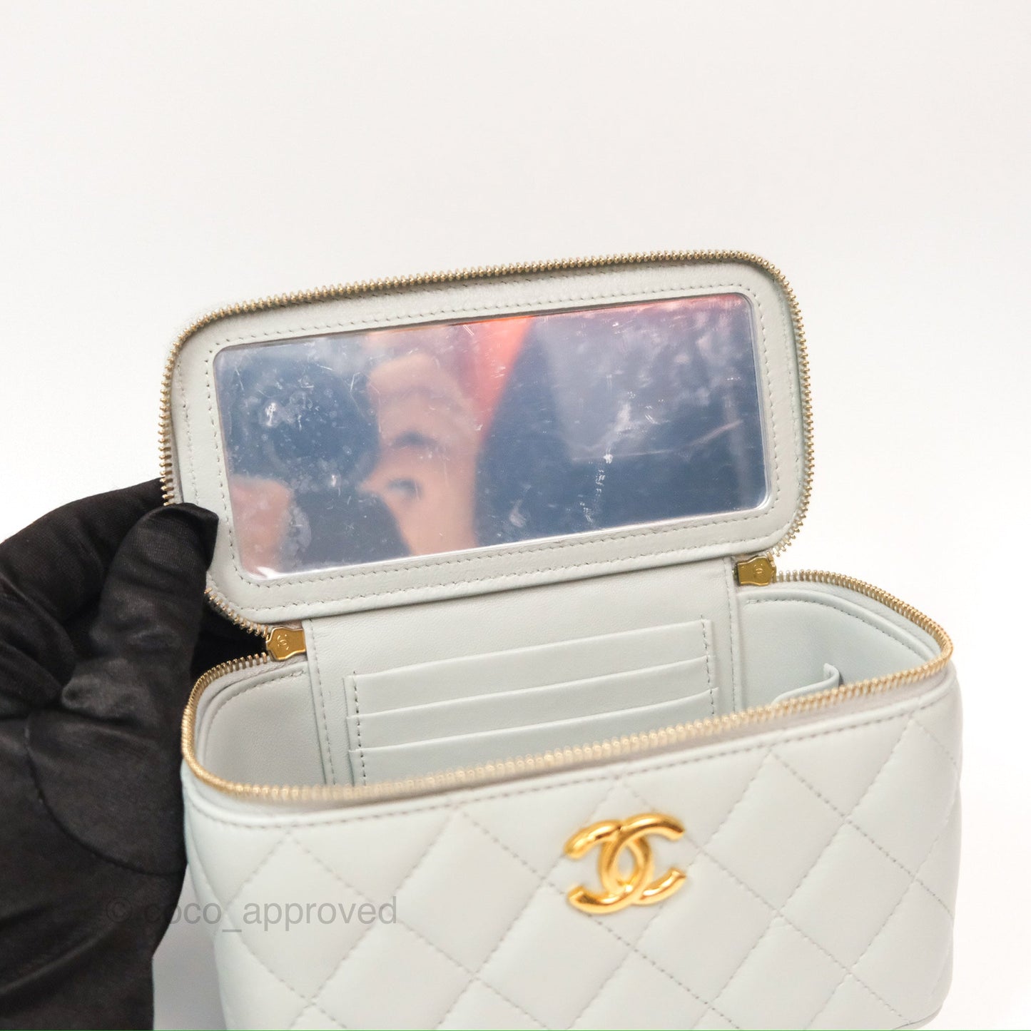 Chanel Quilted Vanity Rectangular with Chain Grey Blue Lambskin Gold Hardware