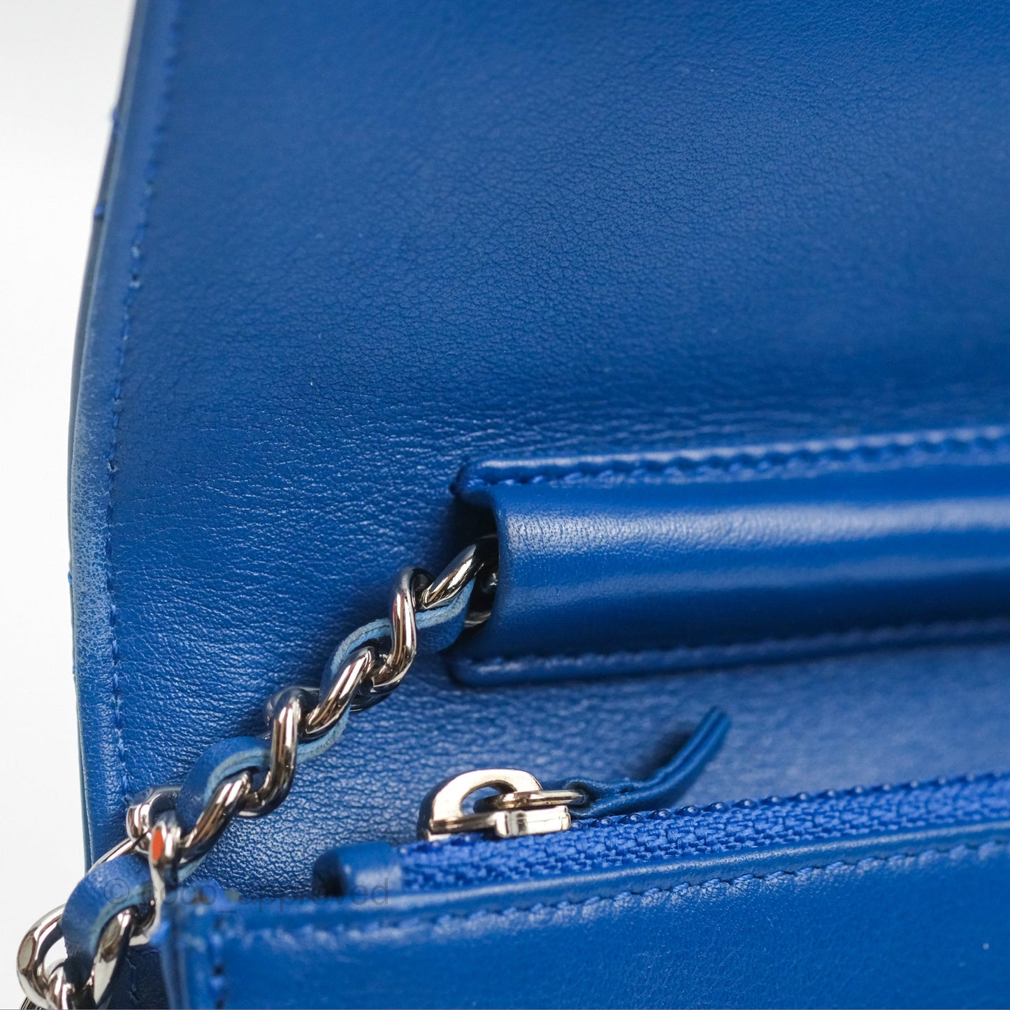 Chanel Quilted Classic Wallet on Chain WOC Blue Patent Silver Hardware