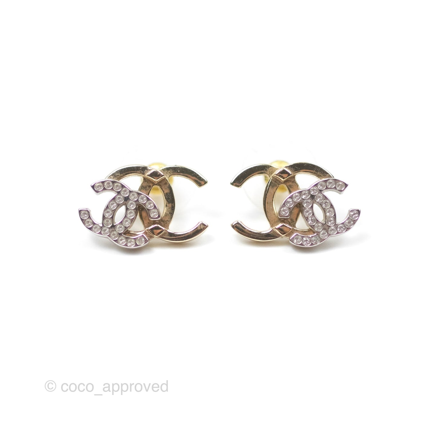 Chanel Double Crystal CC Earrings Silver & Gold Tone 21A