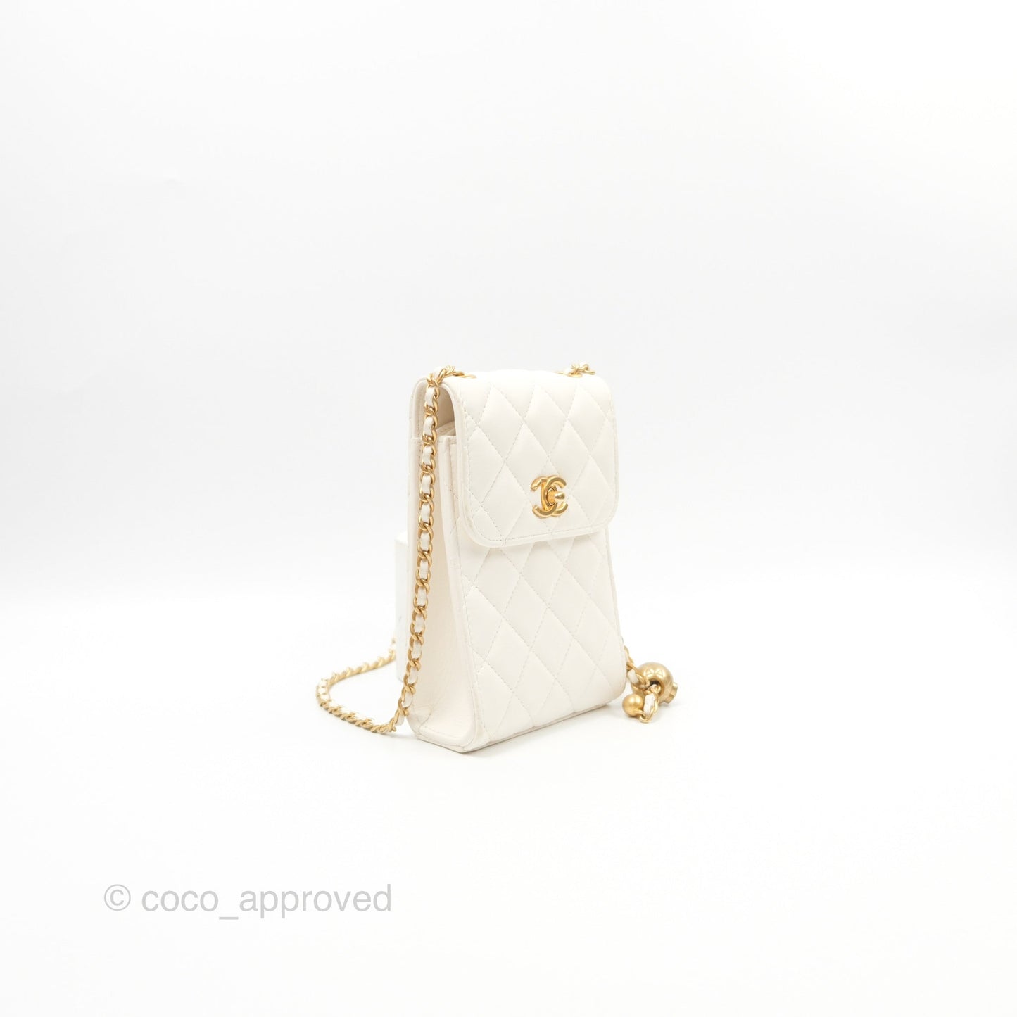 Chanel Quilted Pearl Crush Phone Holder With Chain White Lambskin