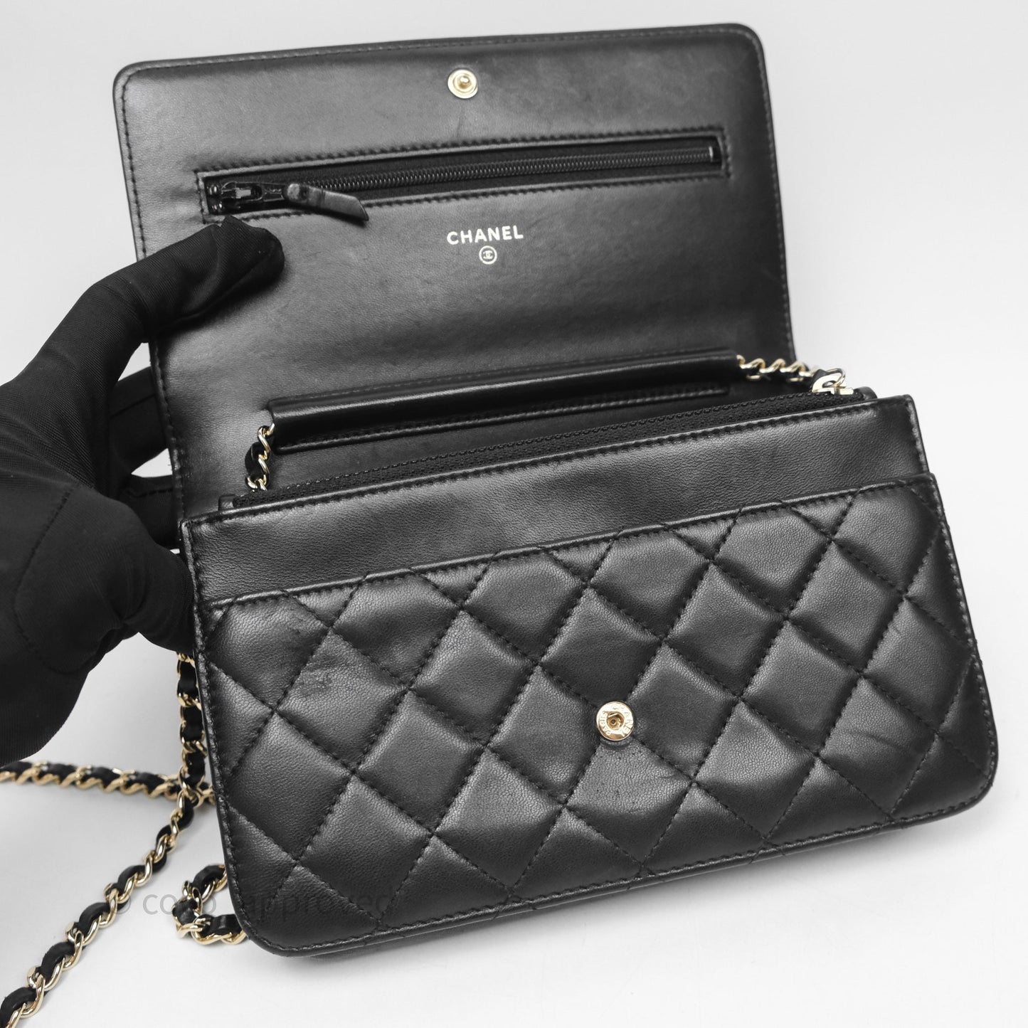 Chanel Black Quilted Lambskin Boy Wallet on Chain Gold Hardware