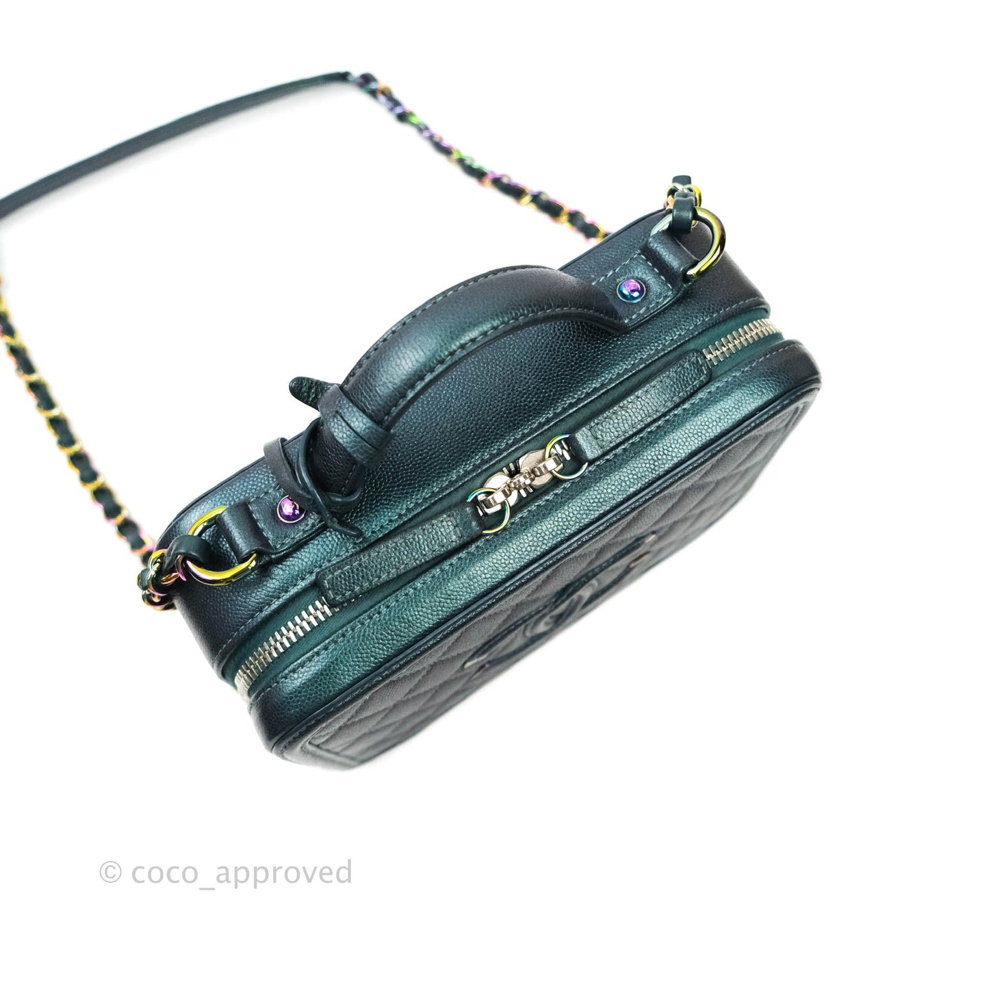 Chanel Quilted Medium CC Filigree Vanity Case Iridescent Dark Turquoise Caviar Rainbow Hardware
