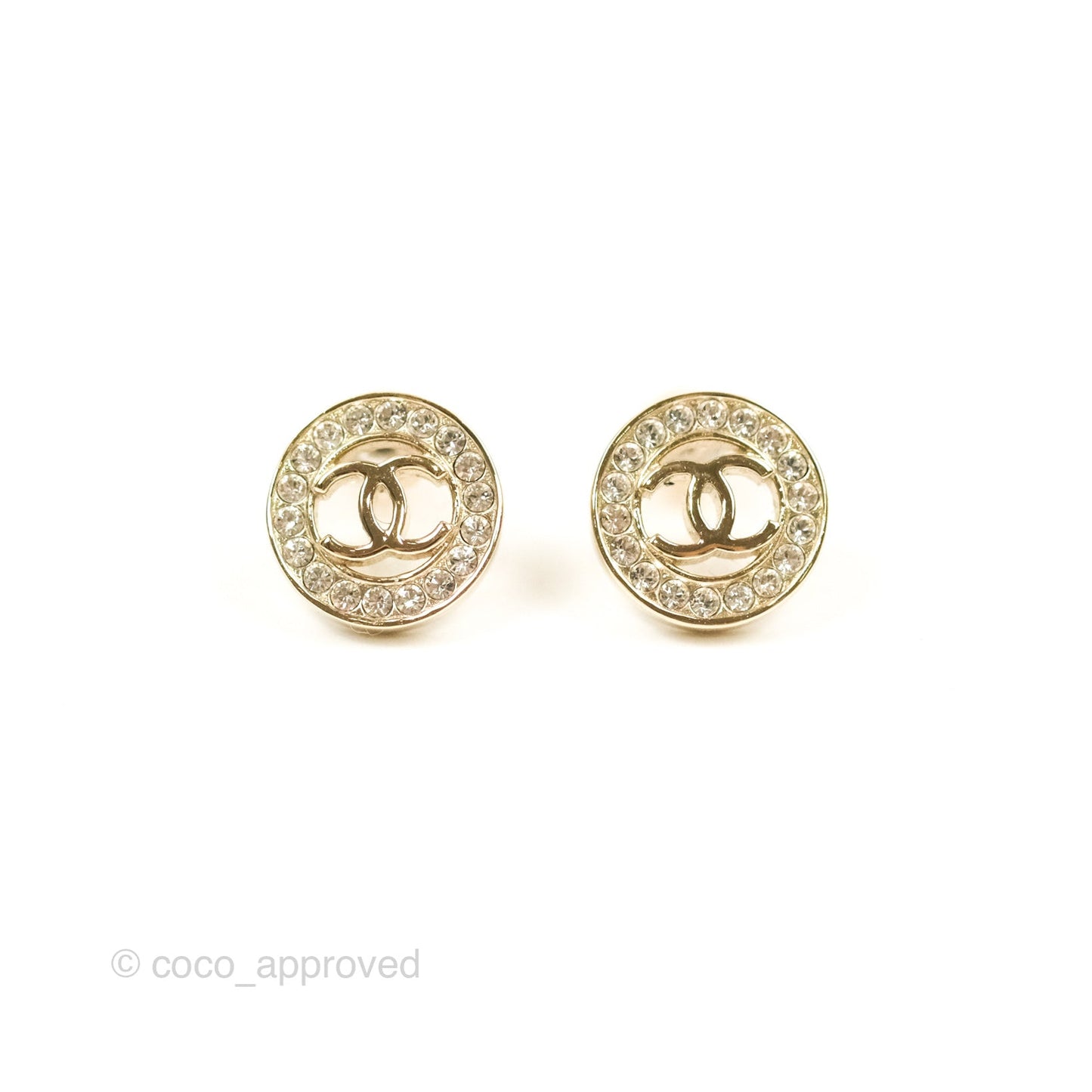 Chanel Crystal CC Round Earrings Gold Tone 20B