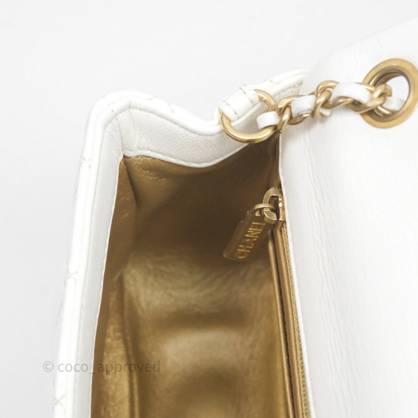 Chanel Mini Rectangular Pearl Crush Quilted White Lambskin Aged Gold Hardware