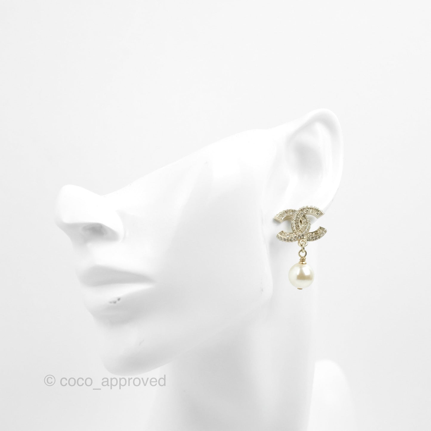 Chanel CC Rhinestone Pearl Drop Earrings Gold Tone