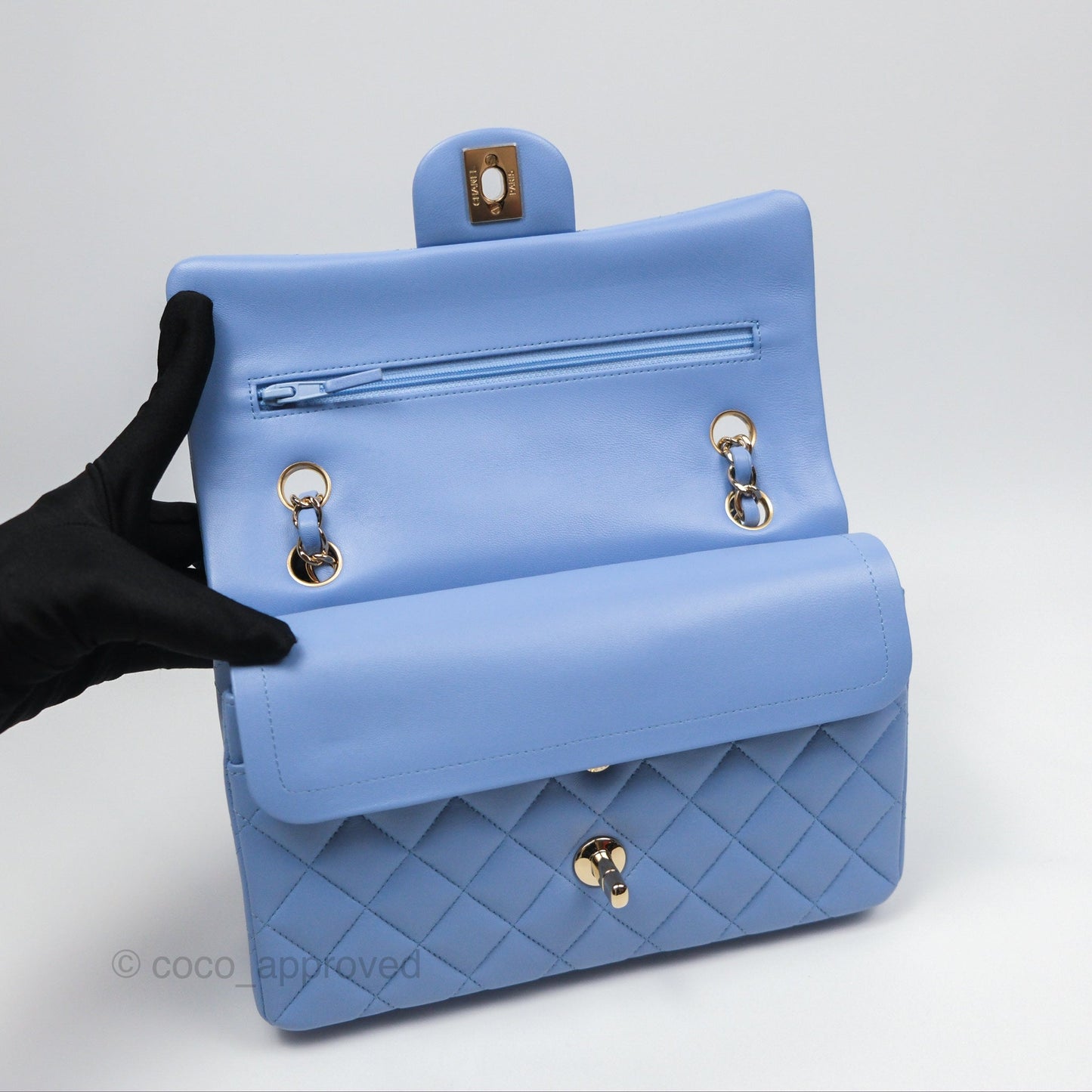 Chanel Small Classic Quilted Flap Sky Blue Lambskin Gold Hardware