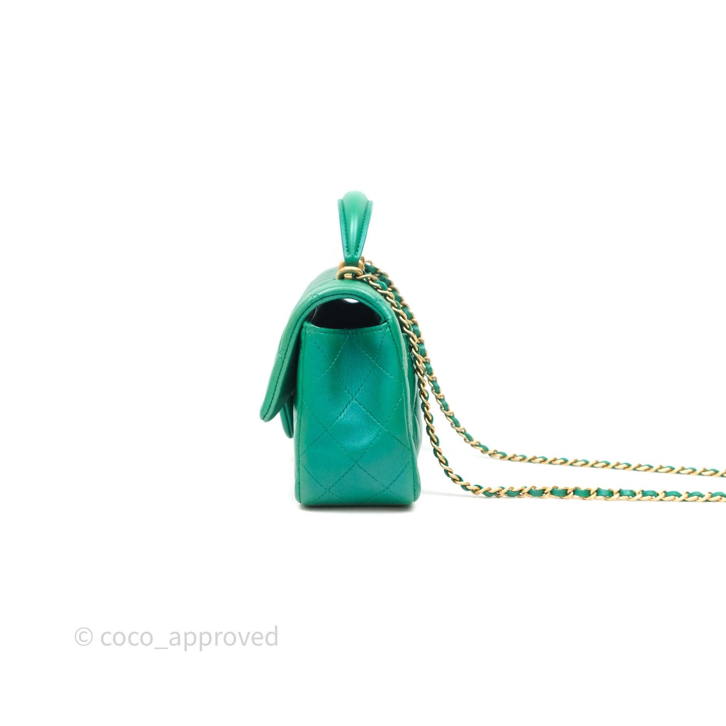 Chanel Top Handle Mini Rectangular Flap Bag Iridescent Green Lambskin Aged Gold Hardware
