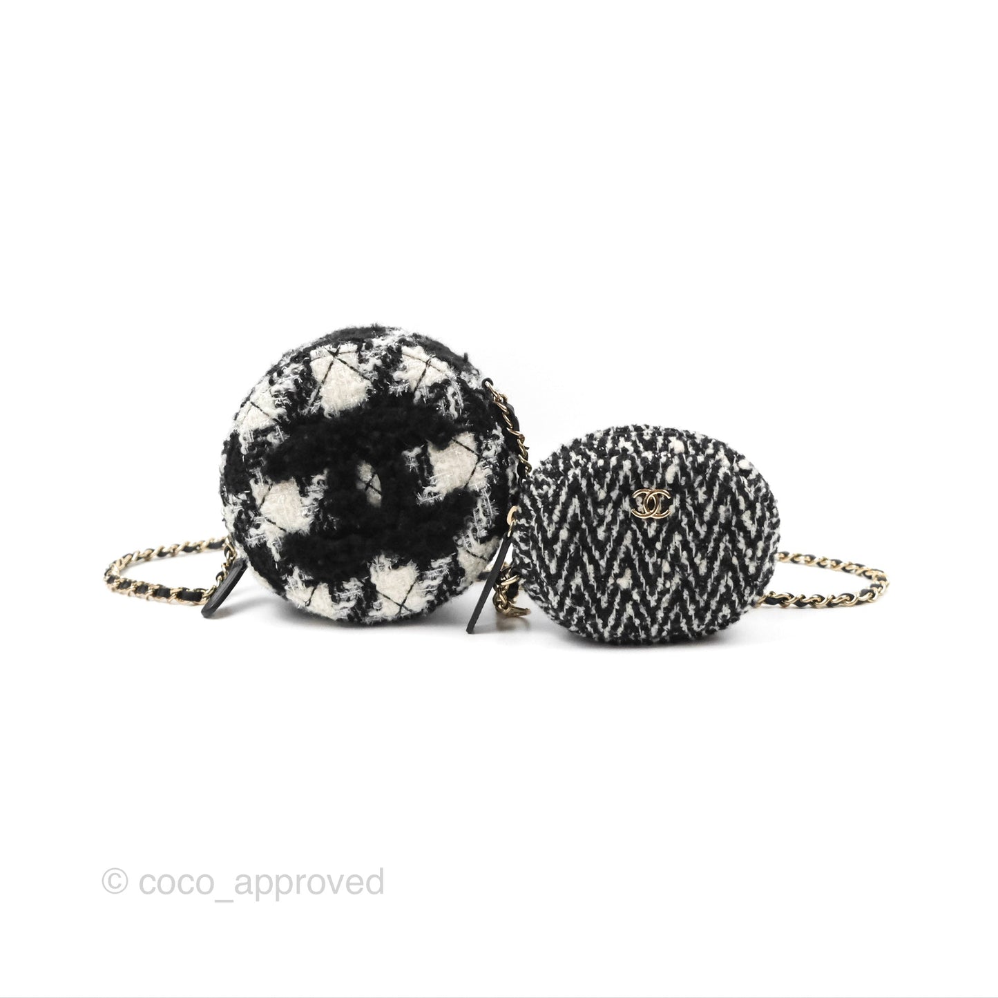 Chanel Shearling CC Round Clutch with Chain & Coin Purse Black & White Houndstooth Tweed