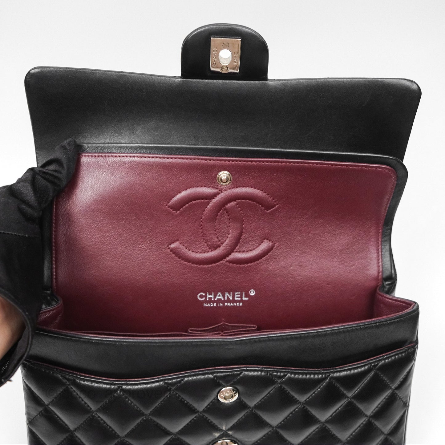 Chanel Classic M/L Medium Flap Quilted Black Lambskin Silver Hardware