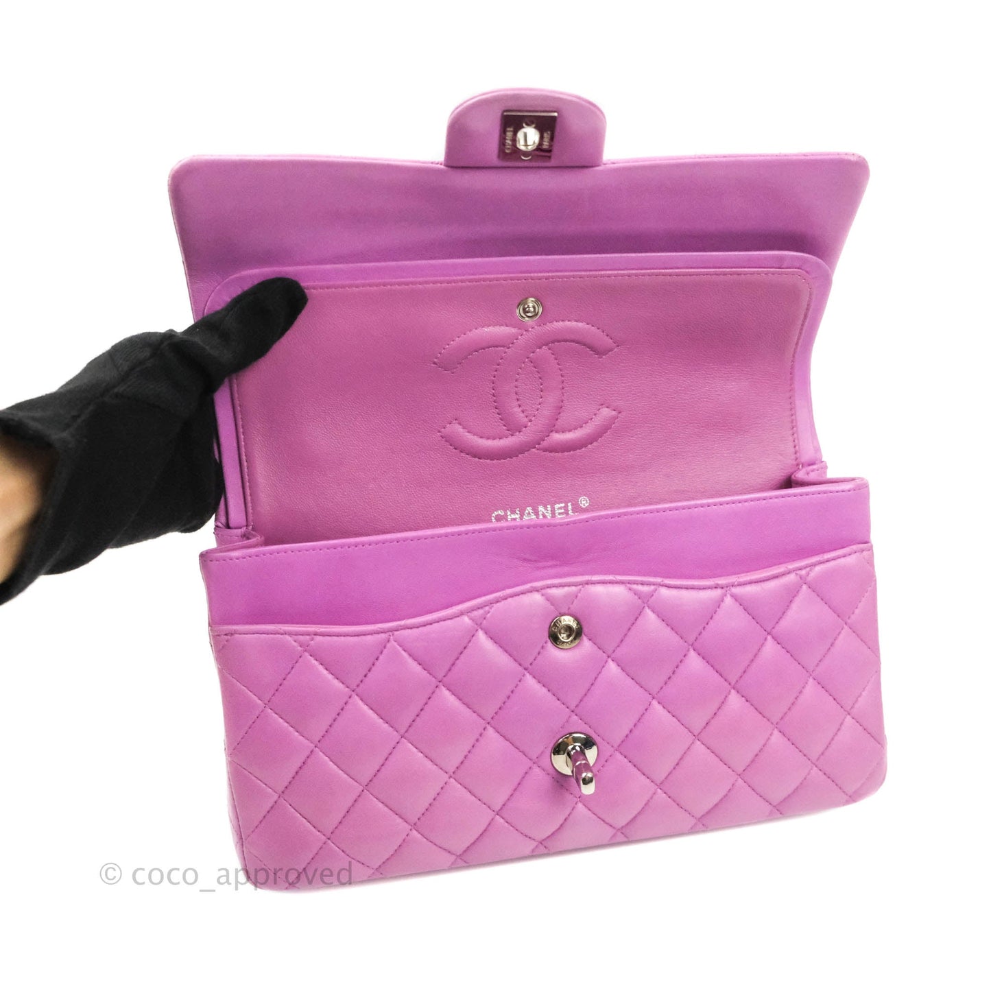 Chanel Classic M/L Medium Double Flap Purple Lambskin Silver Hardware