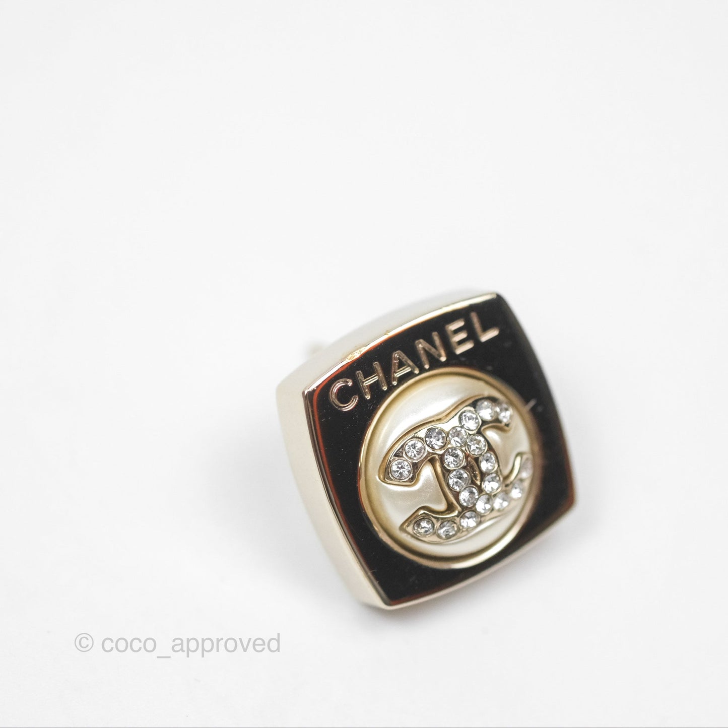 Chanel Crystal CC Pearl Square Earrings Gold Tone 23S