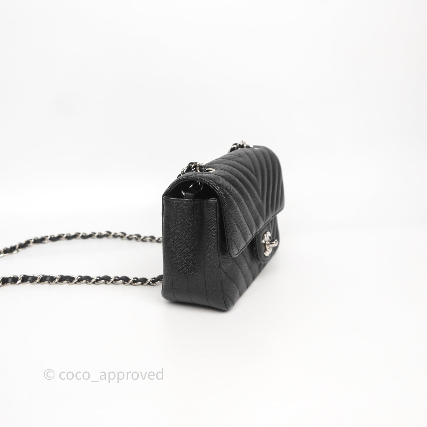 Chanel Mini Rectangular Flap Chevron Black Caviar Silver Hardware