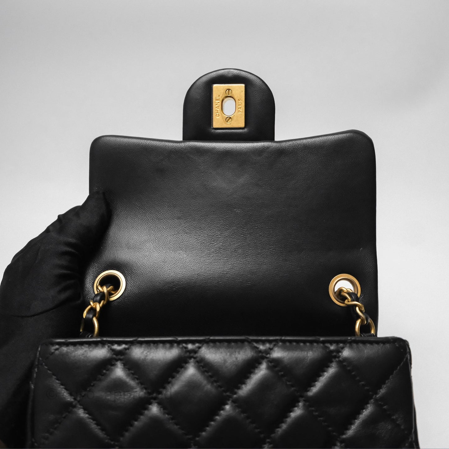 Chanel Pearl Crush Mini Square Quilted Black Lambskin Aged Gold Hardware