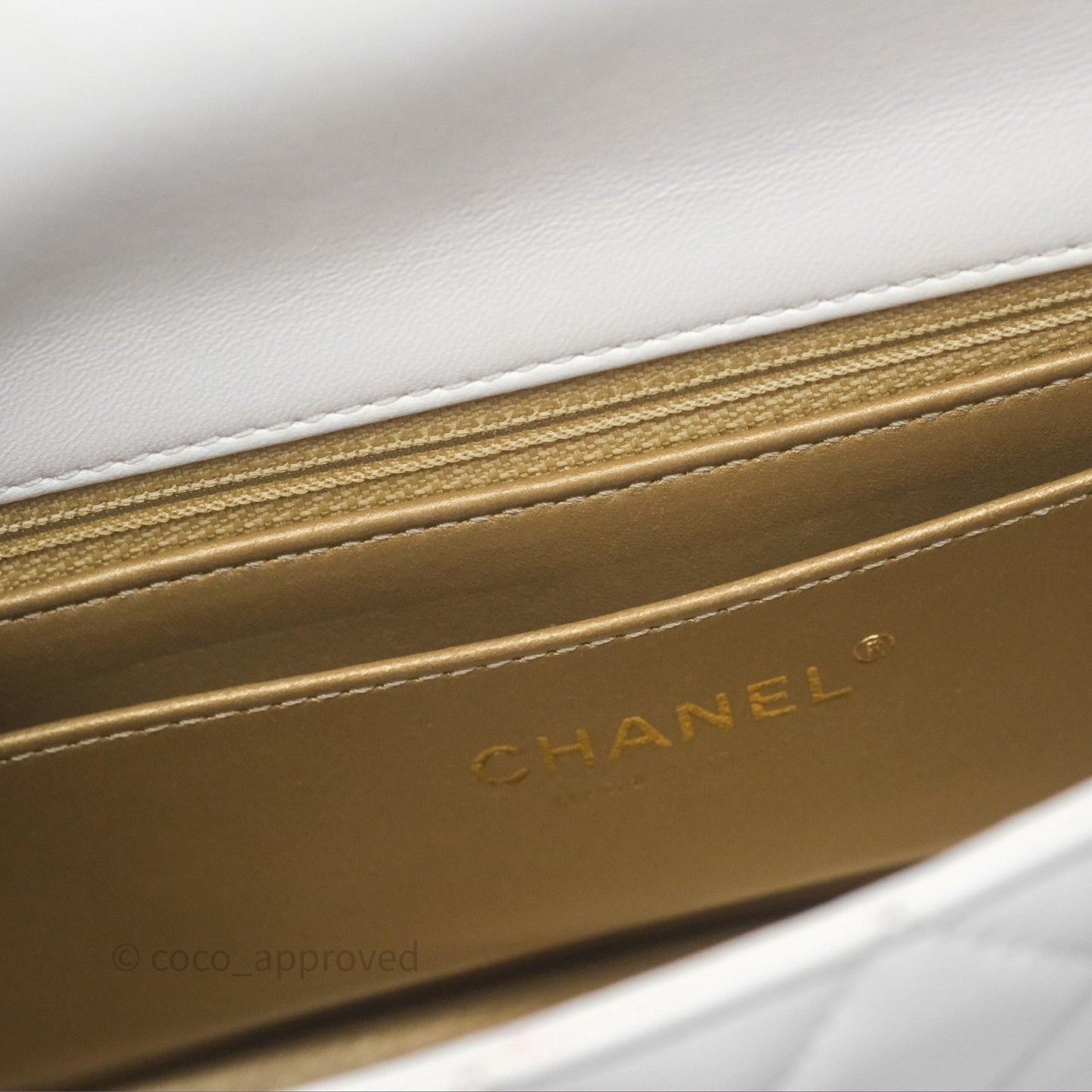 Chanel Mini Rectangular Pearl Crush Quilted White Lambskin Aged Gold Hardware