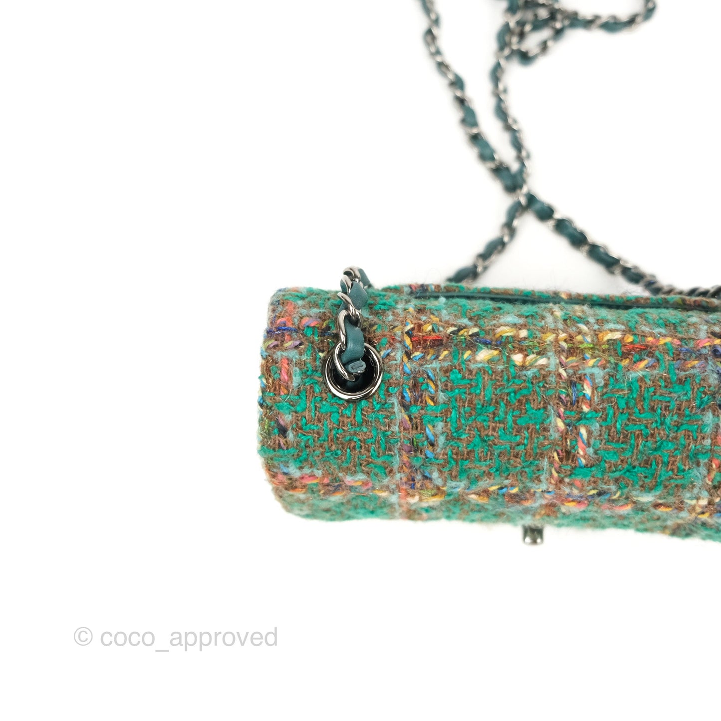 Chanel Mini Rectangular Flap Quilted Green Tweed Gun Metal 23A
