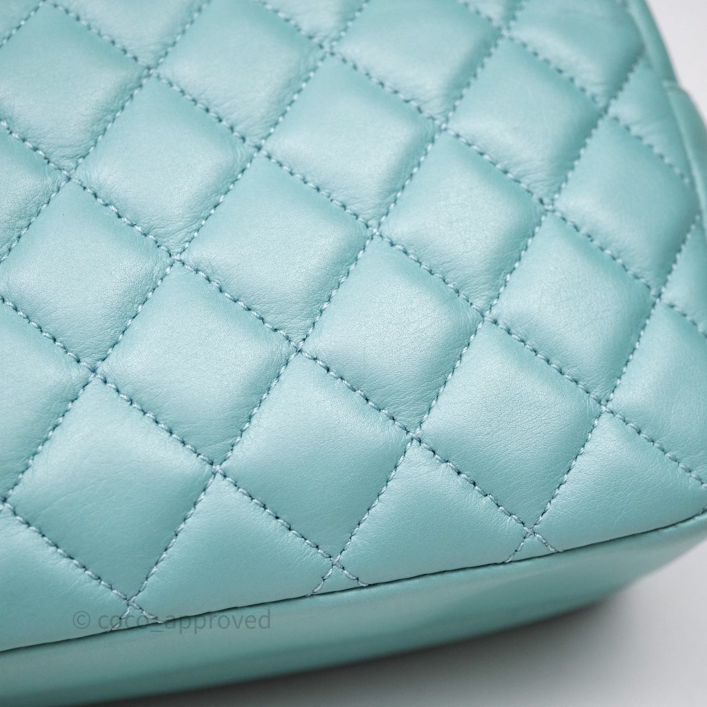 Chanel Camera Bag Quilted Pearly Turquoise Lambskin Aged Gold Hardware