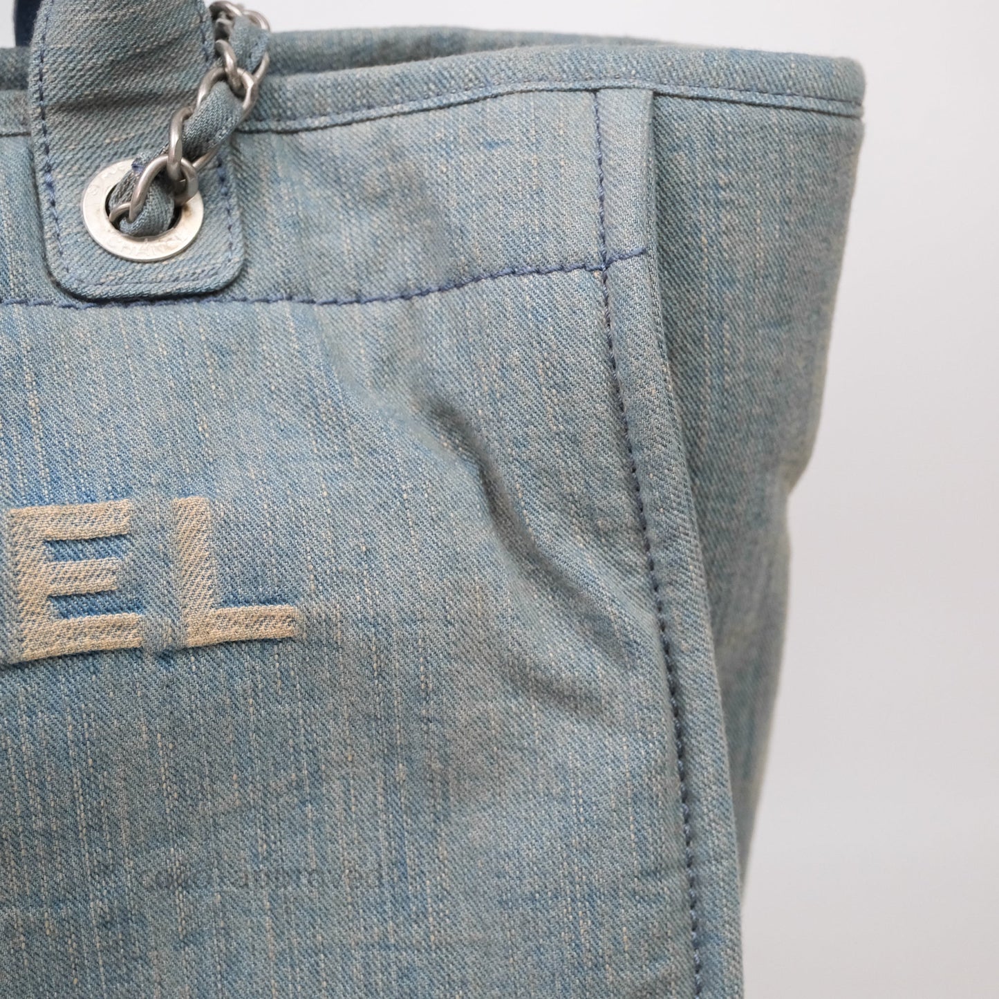 Chanel Large Deauville Tote Blue Washed Denim Matte Silver